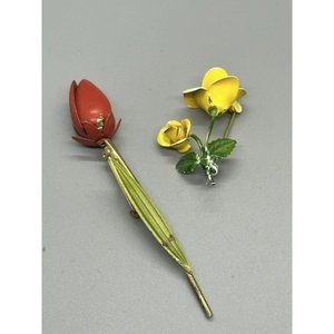 Lovely Vintage Brooch lot of 2 Flower pins yellow rose red tulip Enamel 3” & 1”